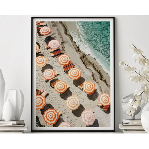 Orange Striped Beach Umbrellas Aerial Seaside Art, Unframed Canvas