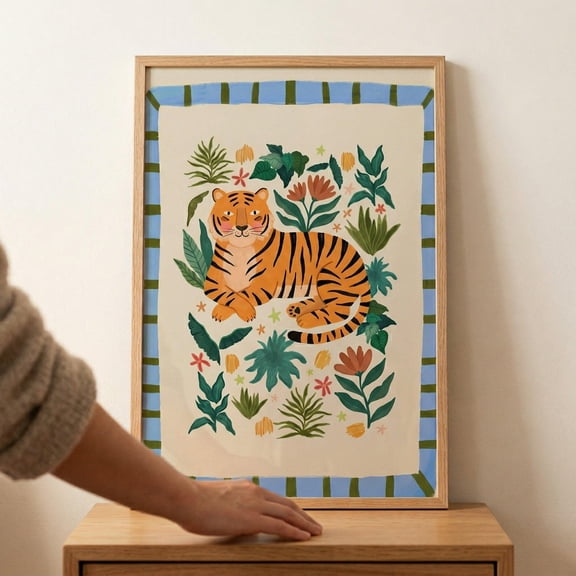 Orange Striped Lying Tiger Wall Art, Jungle Nursery Decor, Whimsical Tropical Animal Print, Boho Safari Illustration, Kids Room Poster , Poster Print Only
