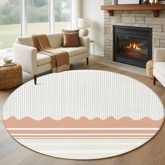 Orange Striped Round Area Rug 8Ft Washable Large Circle Rugs for Living Room Dorm, Abstract Modern Geometric Stripes Non-Slip Carpet Floor Mats Indoor Outdoor Carpet Runner Aesthetic Home Decor