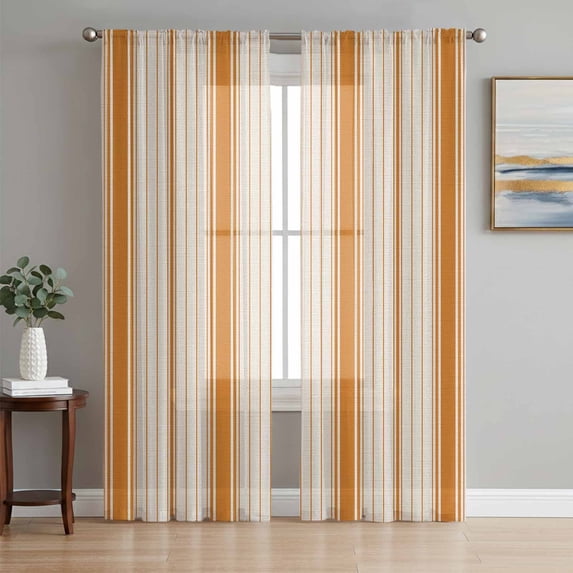 Orange Striped Sheer Curtains 63 Inch Length 2 Panels Set, Modern Minimalist Stripes Farmhouse Voile Window Treatment Rod Pocket Curtains Sheers Drapes for Bedroom/Living Room/Kitchen 52x"63"x2