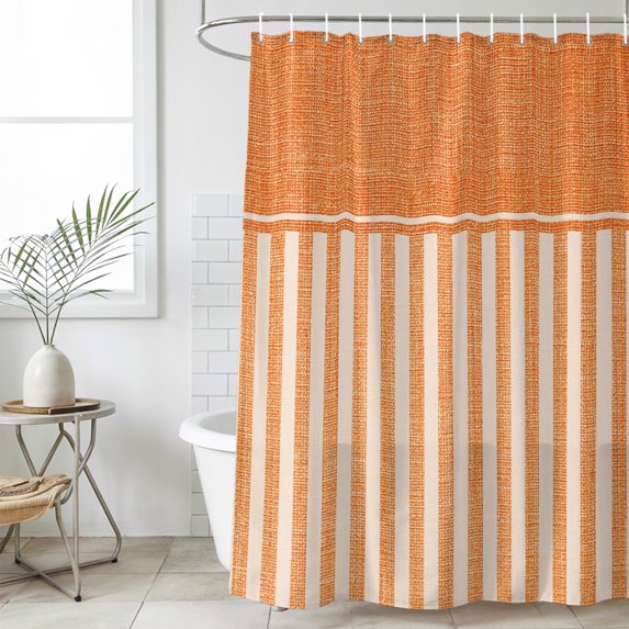 Orange Striped Small Stall Shower Curtain,Waterproof Shower Curtains for Bathroom,Boho Stripes Minimalist Linen Texture Washable Fabric Bath Curtain for Bathtub Decoration with Hooks 36x72 Inches