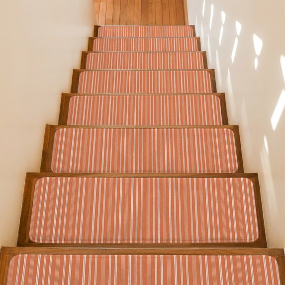 Orange Striped Stair Treads Non Slip for Steps Minimalism Stripes Modern Vintage Farmhouse Abstract 10 Pcs Reusable Adhesive Stair Runner Mats for Dogs Elders Carpet Treads Rugs for Staircase 8x30 In