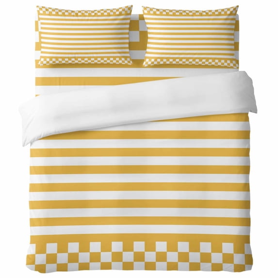 Chequerboard Border Orange Stripes 4 Piece Bedding Set, Mustard Yellow Striped Checkerboard ...