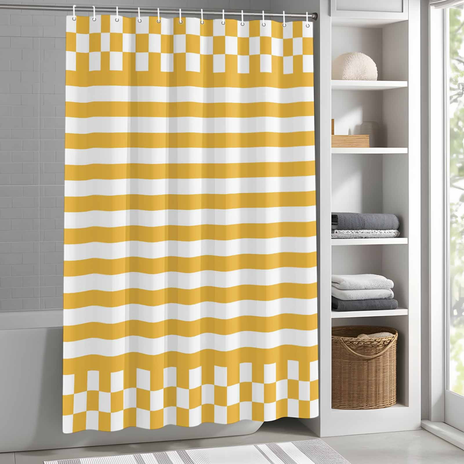 Chequerboard Border Orange Stripes 72x72 Inches Waterproof Shower Curtain, Mustard Yellow ...