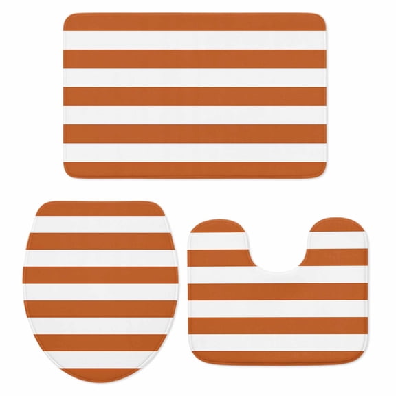 Orange Stripes Bath Mat 3 Piece Bathroom Rug Set, Simple Orange White Texture Non Slip Bath Rug Contour Mat and Toilet Lid Cover, Absorbent Shower Mats Soft Bath Rugs and Mats Sets