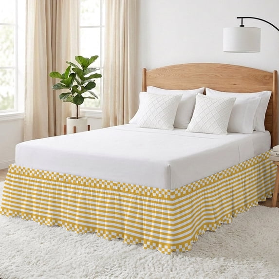 Chequerboard Border Orange Stripes Bed Skirt King Size 16 Inch Drop, Mustard Yellow Striped ...