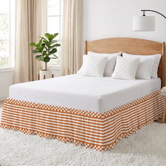 Chequerboard Border Orange Stripes Bed Skirt Queen Size 18 Inch Drop, Amber Striped ...