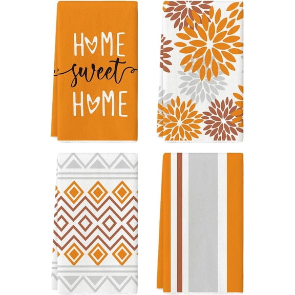 Orange Stripes Home Sweet Home Boho Kitchen Towels Dish Towels, 18x26 Inch Fall Decoration Hand Towels Set of 4