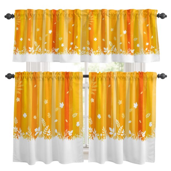 Orange Stripes Kitchen Curtains and Valances Set, Thanksgiving Yellow Ombre Striped Maple Leaf 3 Piece Curtains Valances and Tiers Set Rod Pocket for Kitchen Bathroom Windows 24 Inch