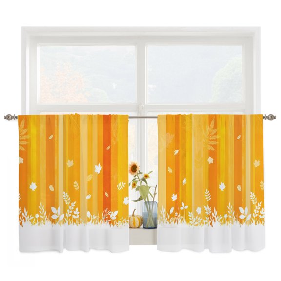 Orange Stripes Sheer Curtains for Living Room Bedroom, Thanksgiving Yellow Ombre Striped Maple Leaf Light Filtering Sheer Curtain Rod Pocket Voile Window Treaments Drapes, 52 x 45 Inches