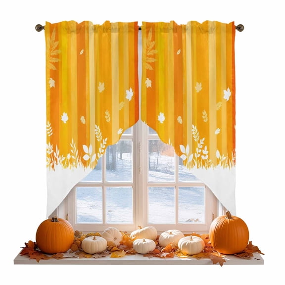 Orange Stripes Swag Valances for Windows 2 Pack Thanksgiving Yellow Ombre Striped Maple Leaf Swag Kitchen Curtains 36 Inches Long Rod Pocket Short Window Treatment for Kitchen Bathroom 28"x36"