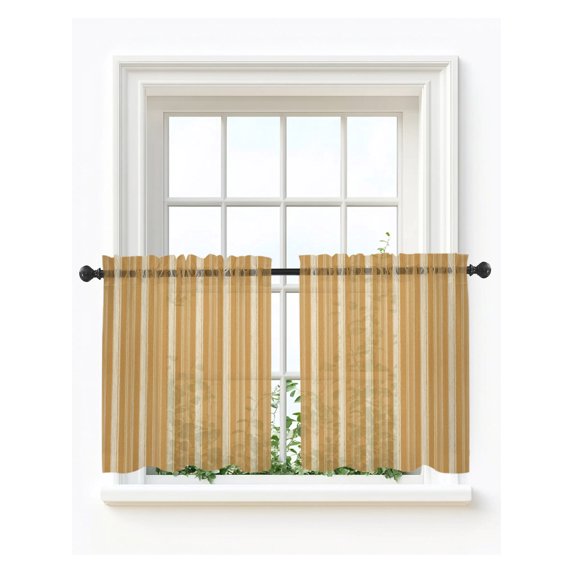 Orange Stripes Tier Curtains 24 Inch Length,Sheer Curtains for Bedroom Living Room Window Farmhouse Vertical Striped Vintage Rod Pocket Drapes Kitchen Curtains Small Half Window 27.5"x24" 2 Panels