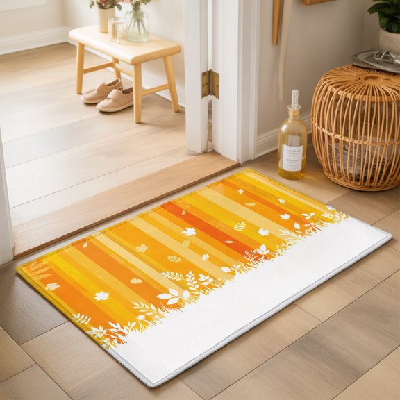 Orange Stripes Washable Small Entryway Area Rugs 2'x3', Thanksgiving Yellow Ombre Striped Maple Leaf Washable Throw Rug Non-Slip Sturdy Edge Binding Carpet for Front Door Floor Room Entry