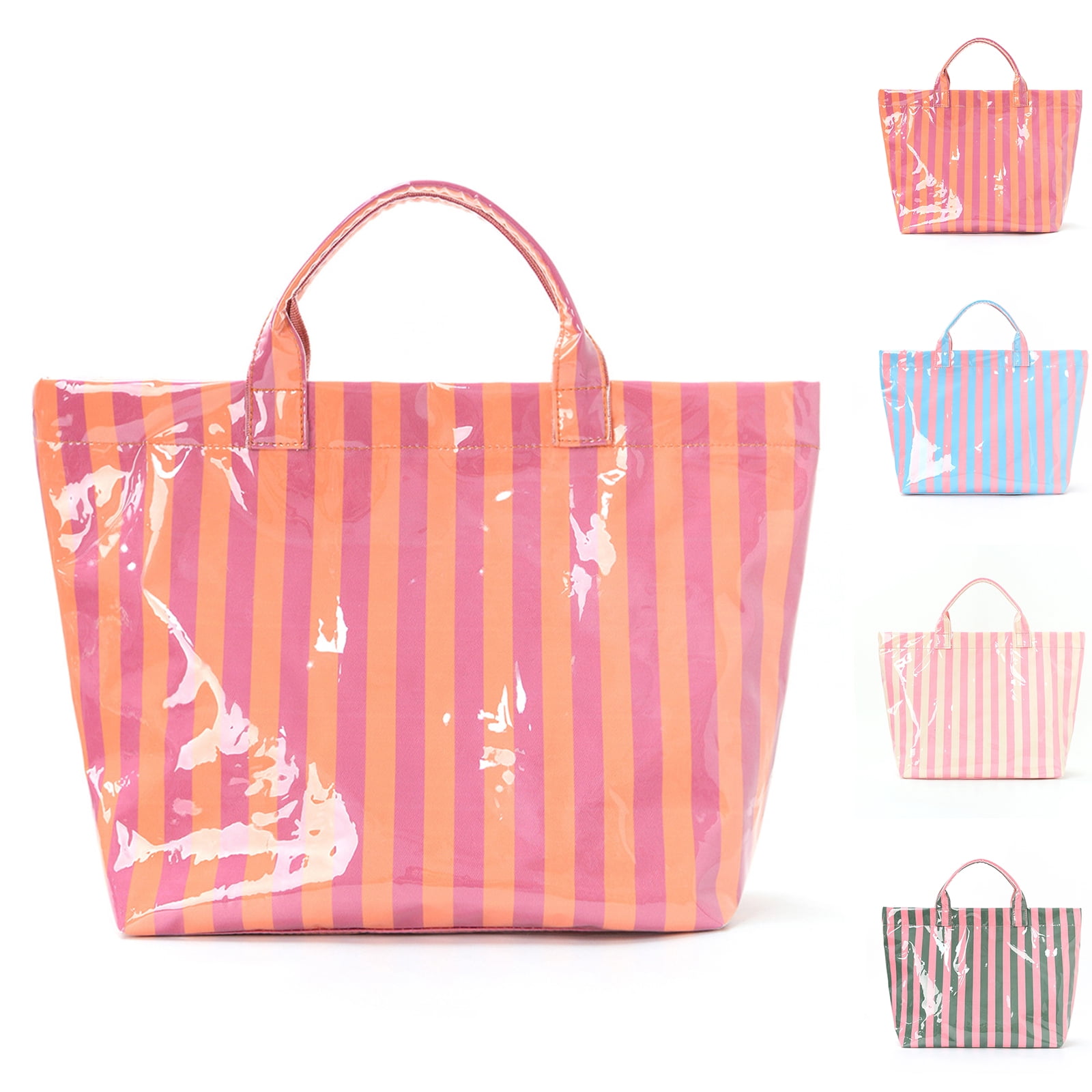 Orange Stylish Large Striped Glossy Tote Bag, Striped Pvc Tote Bag for