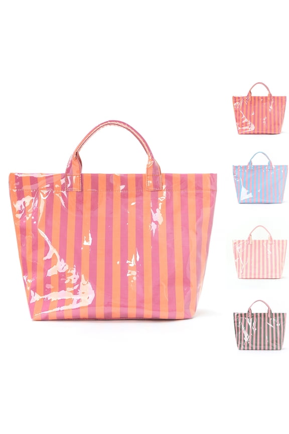 Orange Stylish Large Striped Glossy Tote Bag, Striped Pvc Tote Bag for Women, Letter Print Top Handle Purse Carry All Hobo Handbag