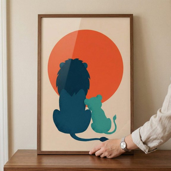 Orange Sun Blue Lion Father Cub Wall Decor Unframed Paper Print