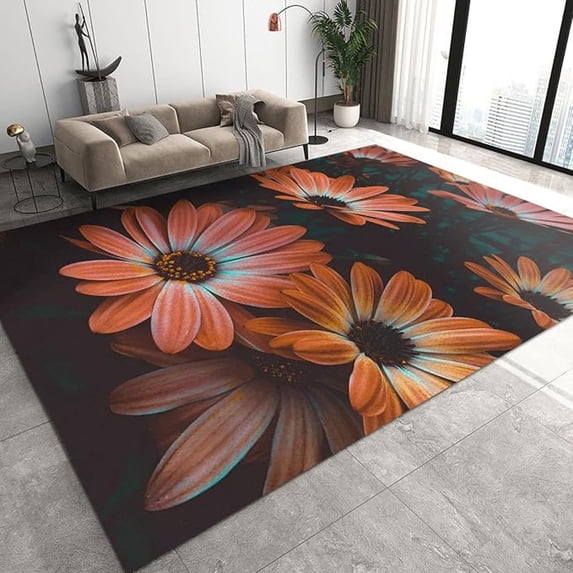 Orange Sun Flower Area Rug, Modern Pastoral Style Indoor Non-Slip Kids Rugs, Machine Washable Breathable Durable Carpet For Front Entrance Floor Decor 5x6ft