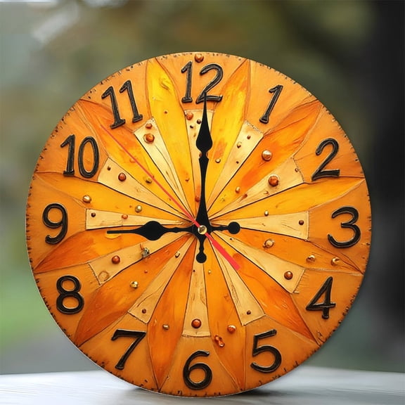 Orange Sunburst Wall Clock Handmade Wooden Clock 10-Inch Silent Wooden Wall Clock, Battery Operated (AA Batteries Not Included), Artistic Home Decor