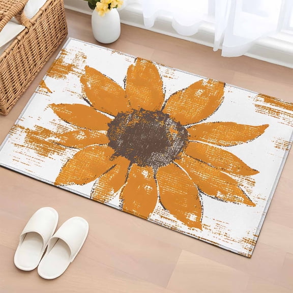 Orange Sunflower Bathroom Rug Washable 2x3 Entryway Rug Non Slip Spring Summer Botanical Flowers Front Door Mat Low Pile Indoor Doormat Throw Floor Carpet for Kitchen Bedroom Entrance