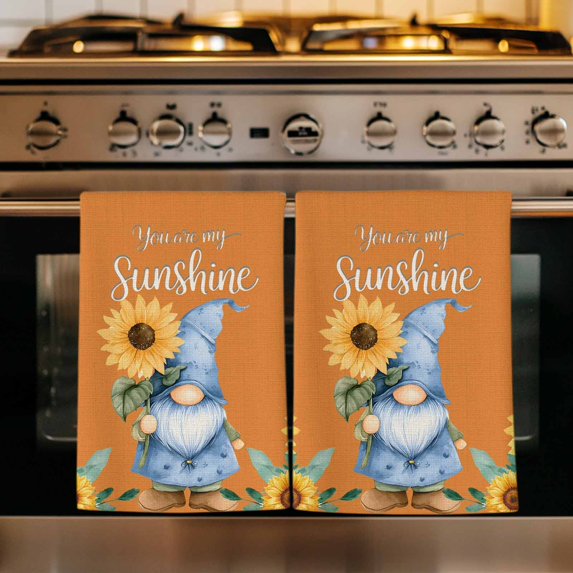 Orange Sunflower Gnomes Kitchen Towels Set of 4, Summer Botanical Floral Absorbent Dish Towels for Kitchen, Microfiber Hand Towel, Quick Drying Tea Towel for Cleaning Decorative Dishcloths