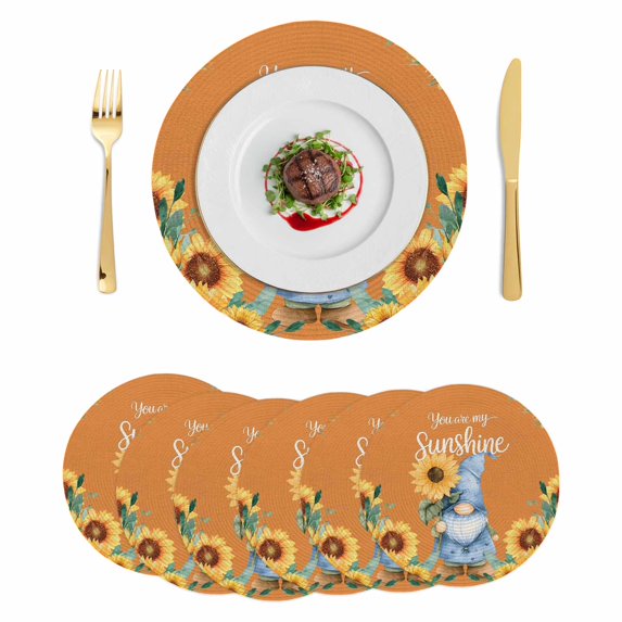Orange Sunflower Gnomes Round 13 Inch Placemats Set of 6, Summer Botanical Floral HeatResistant Non Slip Place Mats for Dining Table, Wipeable Braided Kitchen Table Mats for Housewarming