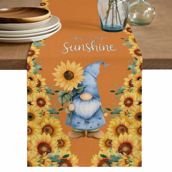 Orange Sunflower Gnomes Table Runner 72 Inches, Summer Botanical Floral Bed Runner Dresser Scarves Tabletop for Indoor Outdoor Parties/Ceremony/Banquet, 16" x 72"
