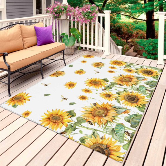 Orange Sunflower Outdoor Rug for Patio/Deck/Porch, Non-Slip Large Area Rug 3 x 5 Ft, Retro Country Bee Watercolor White Indoor Outdoor Rugs Washable Area Rugs, Reversible Camping Rug Carpet Runner