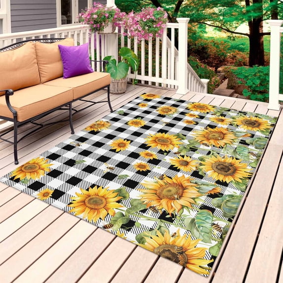 Orange Sunflower Outdoor Rug for Patio/Deck/Porch, Non-Slip Large Area Rug 3 x 5 Ft, Vintage Black Plaid Bee Floral Summer Indoor Outdoor Rugs Washable Area Rugs, Reversible Camping Rug Carpet Runner