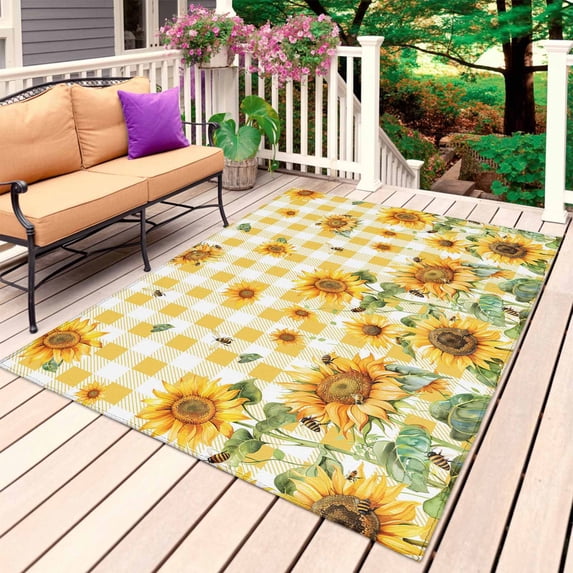 Orange Sunflower Outdoor Rug for Patio/Deck/Porch, Non-Slip Large Area Rug 4 x 6 Ft, Bee Floral Summer Rustic Buffalo Check Indoor Outdoor Rugs Washable Area Rugs, Camping Rug Carpet Runner