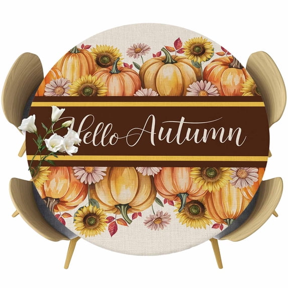 Orange Sunflower Pumpkins Round Tablecloth, Fitted Table Cover with Elastic for 36"-44" Round Tables, Pastoral Botanical Rustic Table Cloth Outdoor Indoor Dinning Party Waterproof Tablecloths