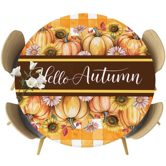 Orange Sunflower Pumpkins Round Tablecloth, Fitted Table Cover with Elastic for 55"-60" Round Tables, Yellow Plaid Pastoral Botanical Table Cloth Outdoor Indoor Dinning Party Waterproof Tablecloths