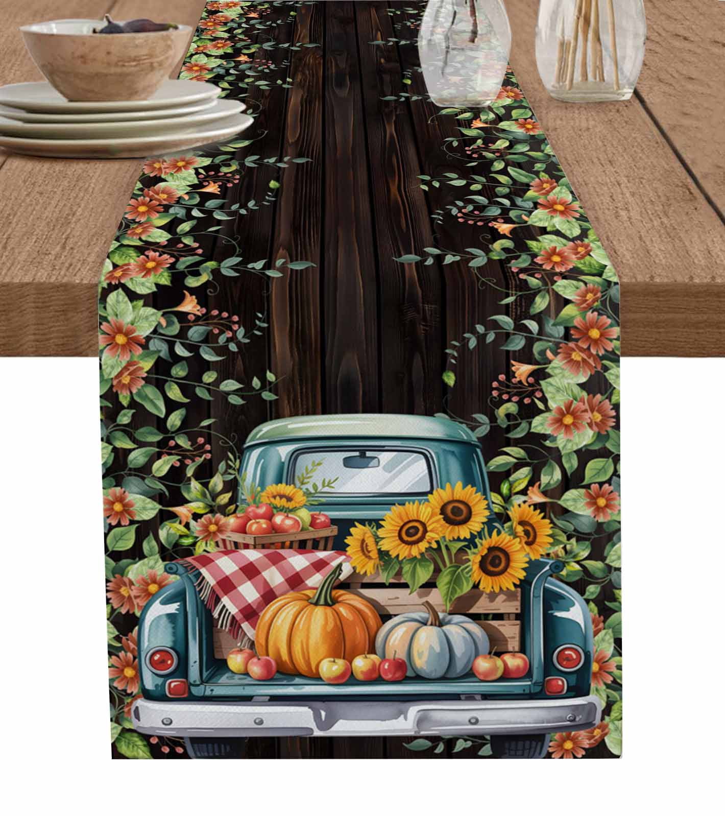 Orange Sunflowers Table Runner 90 Inches, Pumpkins Truck Leaves ...