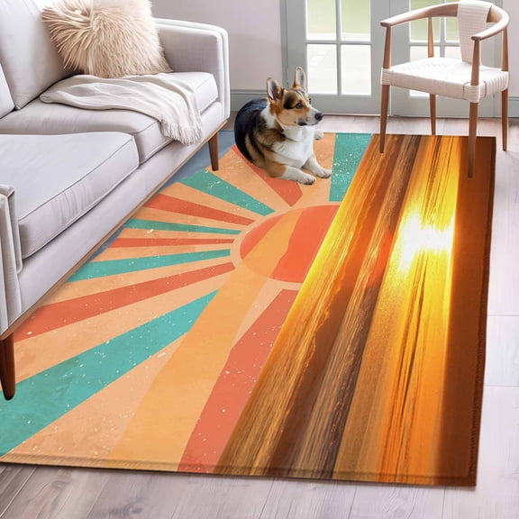 Orange Sunset Area Rug 3x5 Washable Rug Non Slip Abstract See Beach Landscape Vintage Large Area Rug Indoor Floor Carpet for Entryway Bedroom Kitchen Living Room Home Office Dining Room Nursery