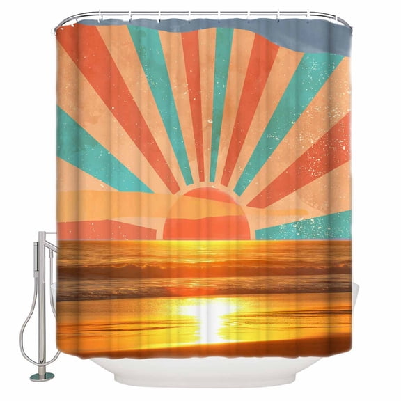 Orange Sunset Bathroom Shower Curtains with 12 Hooks Polyester Waterproof Shower Curtain for Stalls and Bathtubs Abstract See Beach Landscape Vintage Decorative Bathroom Privacy Curtain 66x72 Inches