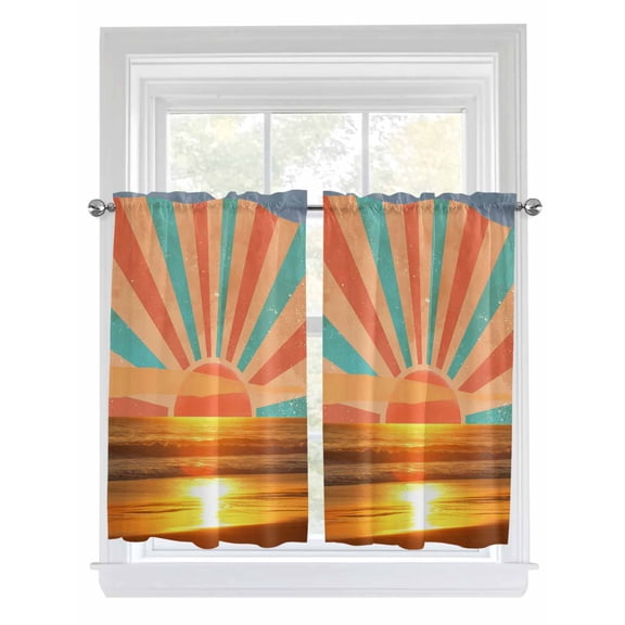 Orange Sunset Bathroom Window Curtain, Abstract See Beach Landscape Vintage Light Filtering Coffee Kitchen Curtains, Bedroom Living Room Curtains 2 Panel 84"x54"