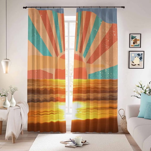 Orange Sunset Blackout Curtains for Bedroom/Living Room, Pinch Pleated Black Out Curtains, Abstract See Beach Landscape Vintage Room Darkening Window Drapes with Hooks 2 Panels, 59"x70"