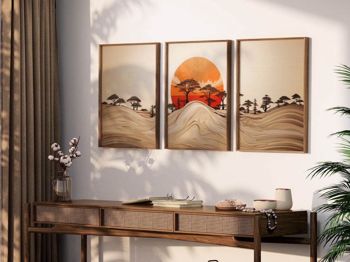 Orange Sunset Mountain Wood Texture Wall Art Set 3 Unframed Paper Print ...