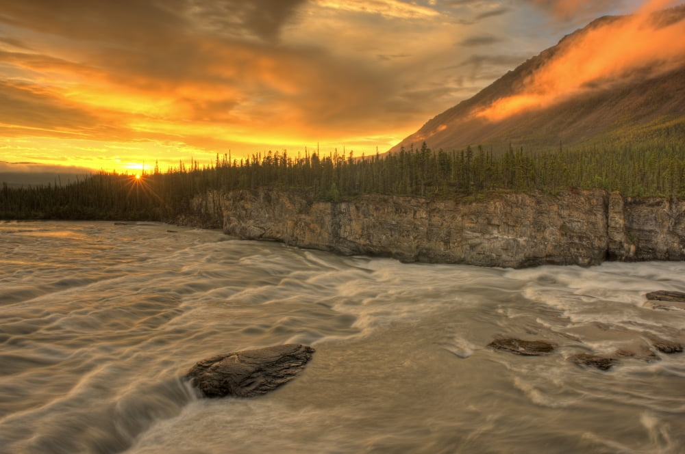 Orange Sunset On Sluice Box Rapids Above Virginia Falls Nahanni National Park Northwest Territories Canvas Art - Peter Mather Design Pics (17 x 11)