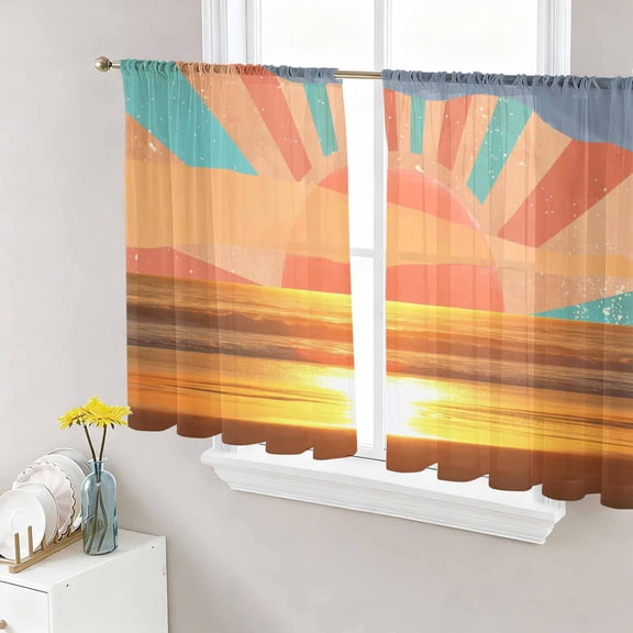 Orange Sunset Sheer Curtains 54 Inch Length 2 Panels for Living Room, Abstract See Beach Landscape Vintage Voile Kitchen Curtain Set, Luxury Privacy Drapes Window Treatment for Bedroom