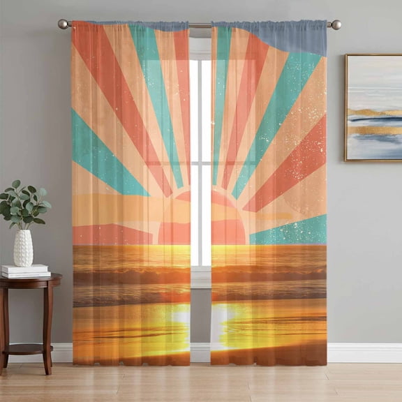 Orange Sunset Sheer Curtains 63 Inch Length 2 Panels Set, Abstract See Beach Landscape Vintage Voile Window Treatment Rod Pocket Curtains Sheers Drapes for Bedroom/Living Room/Kitchen 52x"63"x2