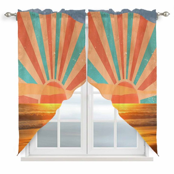 Orange Sunset Swag Valances for Windows, Kitchen Window Curtains Over Sink, Abstract See Beach Landscape Vintage Window Treatment Curtains for Living Room/Bedroom Curtains 2 Panel Sets 36"x45"