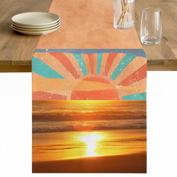Orange Sunset Table Runner - 36 Inch Long Abstract See Beach Landscape Vintage Cotton and Linen Blended Dress Scarves Farmhouse Table Runner for Kitchen Dining, Coffee Table, 13" x 36"