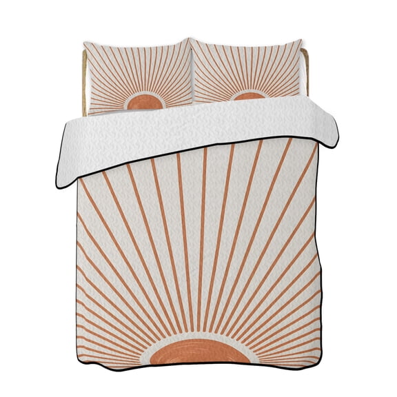 Orange Sunshine 3 Pieces Quilt Set, 1 Quilt with 2 Shams, Modern Abstract Simple Lines Sunshine Watercolor Sun Beige Bedspread Soft Lightweight Bedding Coverlet Comforter Set for All Season 90"x96"