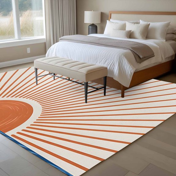 Orange Sunshine 6x9 Rug for Dining Room Table and Chair Setup, Modern Abstract Simple Lines Sunshine Watercolor Sun Beige Low Pile Washable Non Slip Rectangle Area Rug
