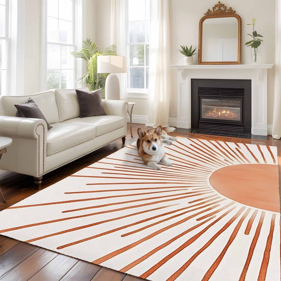 Orange Sunshine Area Rug 5x8 FT, Non Slip Bedroom Throw Carpet, Lines Retro Abstract Middle Century Washable Soft Floor Carpet Non-Shedding Rug for Living Room Nursery Dorm Office