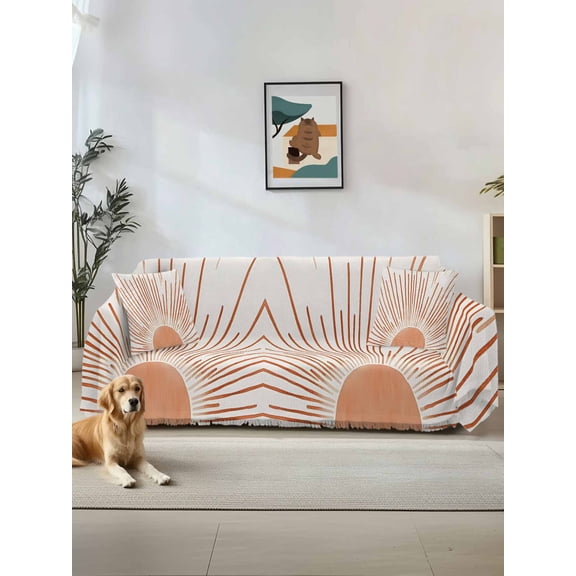 Orange Sunshine Couch Cover, Lines Retro Abstract Middle Century Sofa Cover Blanket for Loveseat Couches, Sectional Sofa Slipcover Furniture Protector for Living Room Bedroom 71''x118''