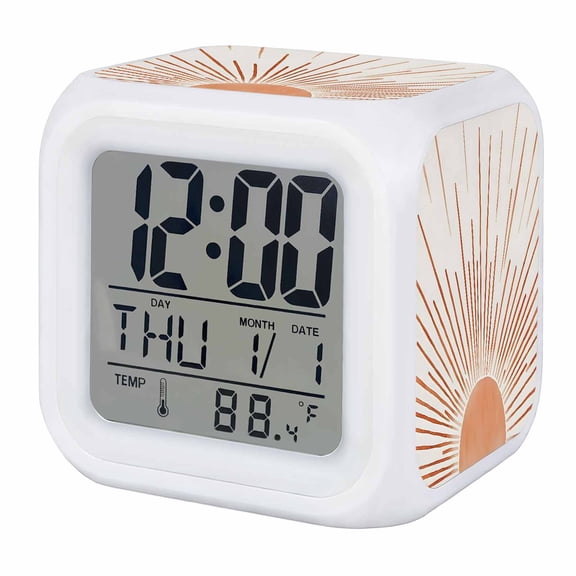 Orange Sunshine Digital Alarm Clock for Bedrooms, Smart LED Alarm Clock with 7 Color Changing Night Light, Lines Retro Abstract Middle Century Silent Wake Up Clocks for Sleep Study Cooking 3.2"x3.2"