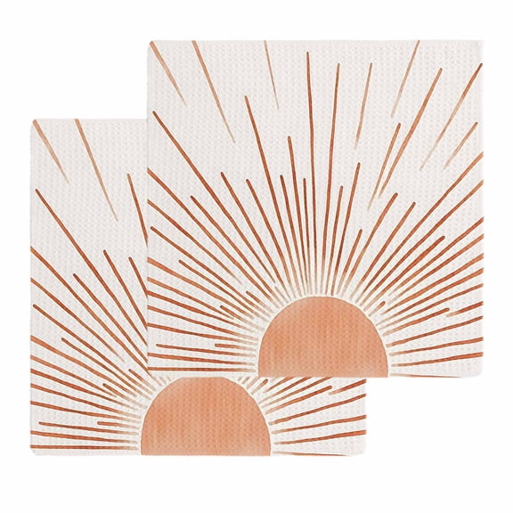 Orange Sunshine Dish Towels Set, Waffle Weave Kitchen Towels 2 Pieces, Lines Retro Abstract Middle Century Microfiber Hair Face Bath Tea Towel Absorbent Quick Drying Cleaning Dish Cloths, 12"x12"