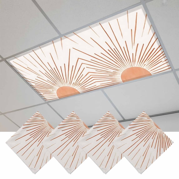 Orange Sunshine Fluorescent Light Covers, Lines Retro Abstract Middle Century Magnetic Light Covers for Ceiling Lights, Fluorescent Ceiling Shade Filters for Classroom Bedroom Office 4x2Ft x 4PCS