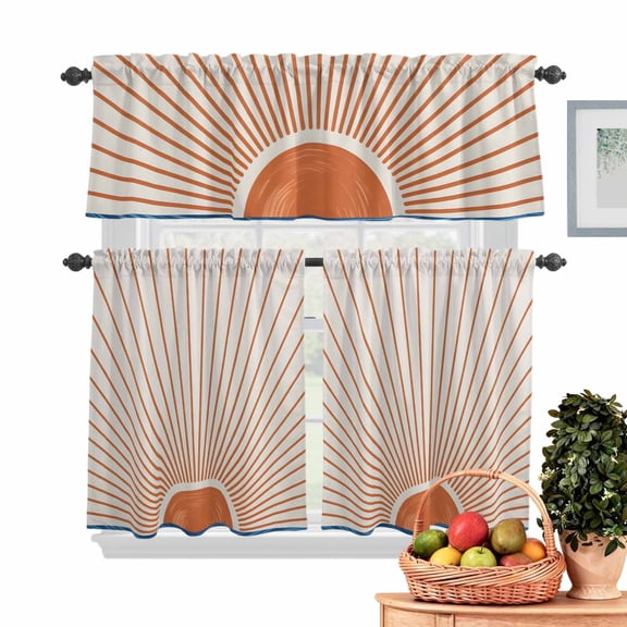 Orange Sunshine Kitchen Curtains Valances 3 Piece Set, Modern Abstract Simple Lines Sunshine Watercolor Sun Beige Rod Pocket Tier Curtain & Valance Drapes for Small Window 24 Inch Length for Bedroom